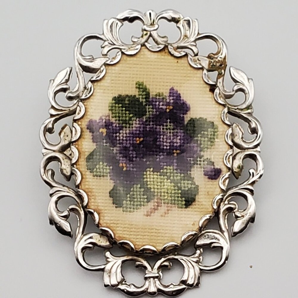 Vintage Italian Needlepoint Pansies Oval Silver Brooch Ornate Bezel Grannycore